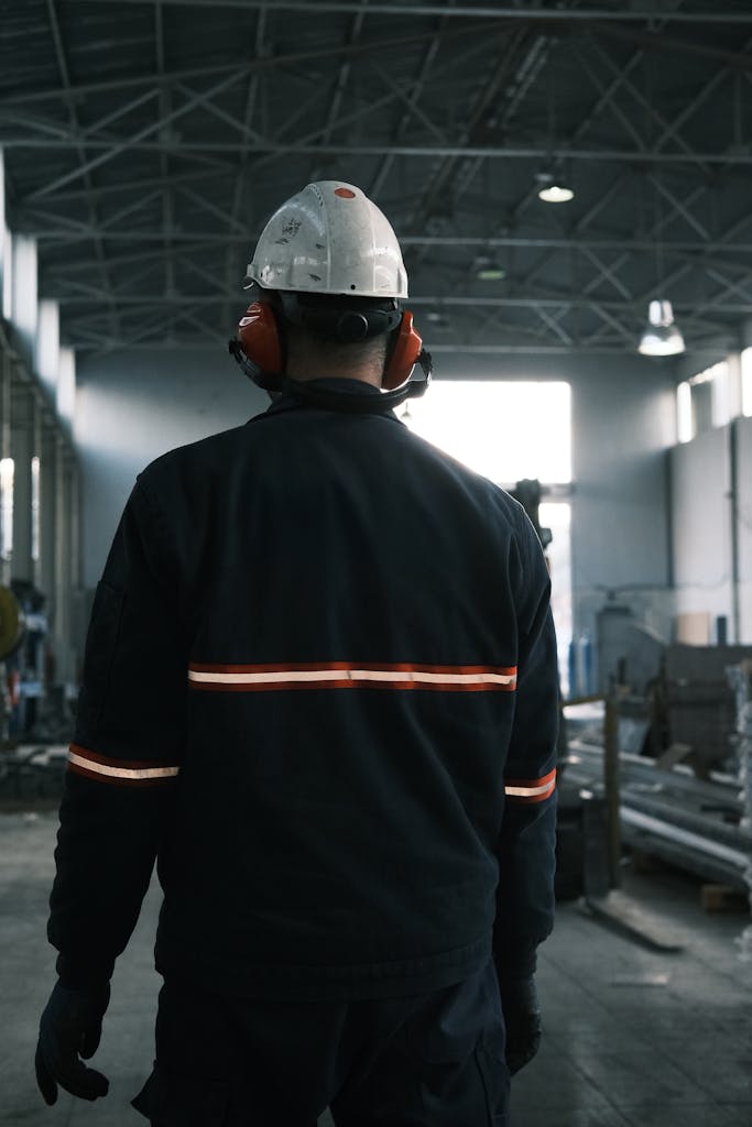 A worker in safety gear stands in a modern factory, emphasizing safety and industry innovation.